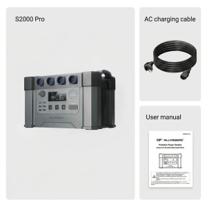 Stație de alimentare Allpowers S2000 Pro alături de cablul de alimentare AC și manualul de utilizare