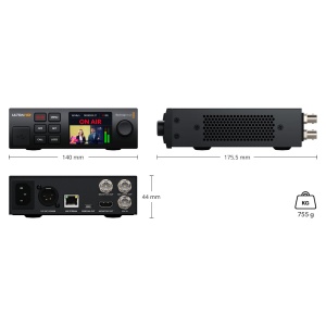 Procesor live streaming Blackmagic Streaming Encoder 4K cu ecran LCD central, buton rotativ de control, intrari si iesiri profesionale 12G-SDI si port USB-C pentru webcam pe panoul din spate.
