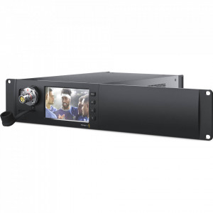 Convertor bidirectional Blackmagic Studio Fiber Converter panou frontal cu ecran LCD de 5 inch si conector SMPTE 304 si panou spate cu conexiuni 12G-SDI si audio XLR