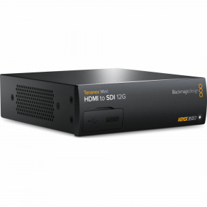 Convertor profesional Blackmagic Design Teranex Mini HDMI to SDI 12G panou frontal si conexiuni spate cu porturi XLR si SDI