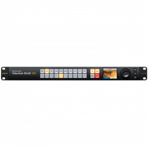 Router video Blackmagic Design Videohub 20x20 12G panou frontal cu ecran LCD spin knob si conexiuni spate BNC 12G-SDI