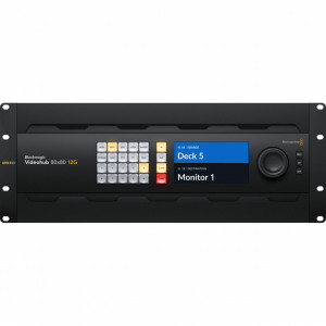 Router video smart Blackmagic Videohub 80x80 12G panou frontal cu ecran LCD butoane de control si spin knob si panou spate cu 160 conexiuni BNC SDI si intrari redundante AC