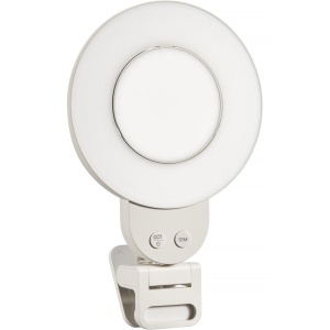 Lampa Godox LR30Bi împreună cu accesoriile incluse: suport telefon, oglindă magnetică și cablu USB-C.
