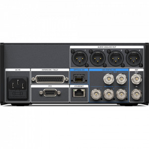 Convertor bidirectional Blackmagic Studio Fiber Converter panou frontal cu ecran LCD de 5 inch si conector SMPTE 304 si panou spate cu conexiuni 12G-SDI si audio XLR