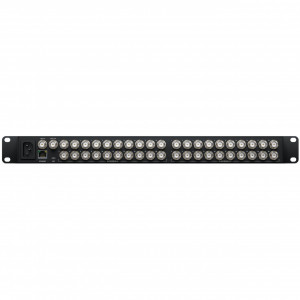 Router video Blackmagic Design Videohub 20x20 12G panou frontal cu ecran LCD spin knob si conexiuni spate BNC 12G-SDI