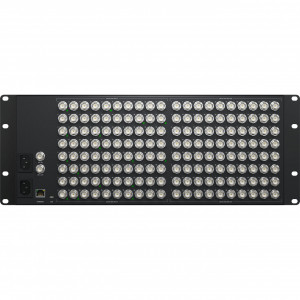 Router video smart Blackmagic Videohub 80x80 12G panou frontal cu ecran LCD butoane de control si spin knob si panou spate cu 160 conexiuni BNC SDI si intrari redundante AC