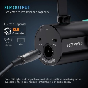 Feelworld PM1-XS Negru, Microfon Dinamic Cardioid, RGB, XLR si USB-C