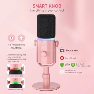 Feelworld PM1-XS-P Roz, Microfon Dinamic Cardioid, RGB, XLR si USB-C
