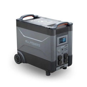 Stație de alimentare Allpowers R4000, vedere de sus în unghi, evidențiind mânerul și carcasa robustă