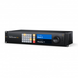 Matrice video Blackmagic Videohub 40x40 12G panou frontal cu ecran LCD de 5 inch si spatele cu 80 de conectori BNC 12G-SDI si alimentare duala redundanta