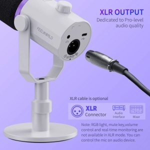 Feelworld PM1-XS-W Alb, Microfon Dinamic Cardioid, RGB, XLR si USB-C