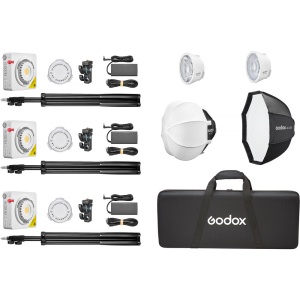 Godox ML100Bi Kit3 kit 3 lămpi LED video portabile bi-color 120W cu stative, modificatoare și geantă de transport