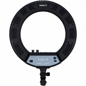 Vedere din spate a lămpii circulare LED Nanlite Halo 18 cu panoul de control și fante de aerisire