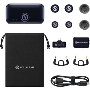 Sistem de microfoane wireless ultracompact Hollyland Lark M3 Combo cu 2 transmițătoare, 2 receptoare (USB-C și Camera) și carcasă de încărcare.