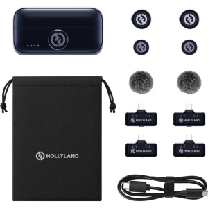 Sistem de microfoane fără fir Hollyland Lark M3 Combo cu două emițătoare ultra-ușoare, patru receptoare USB-C și carcasă de încărcare