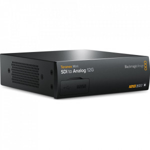 Convertor video profesional Blackmagic Design Teranex Mini SDI to Analog 12G prezentat din perspectiva panoului frontal si a conexiunilor spate cu porturi BNC si XLR