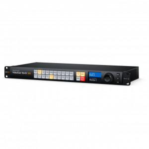 Router video Blackmagic Videohub 10x10 12G cu panou de control frontal display LCD color butoane si spin knob electronic