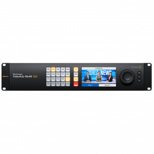Matrice video Blackmagic Videohub 40x40 12G panou frontal cu ecran LCD de 5 inch si spatele cu 80 de conectori BNC 12G-SDI si alimentare duala redundanta