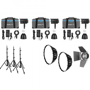 Kit trio Nanlite Forza 150B cu softbox, lentila fresnel si stativ