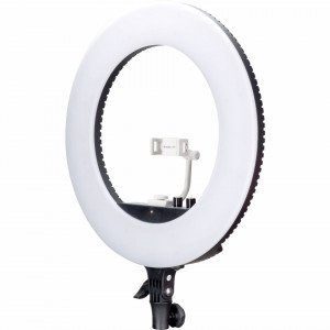 Lampă circulară Nanlite Halo 18 Bi-Color văzută din față cu suportul pentru telefon montat