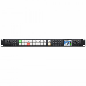 Mixer video profesional Blackmagic Design ATEM 2 M/E Constellation HD panou frontal cu ecran LCD butoane iluminate si panou spate cu conexiuni BNC 3G-SDI