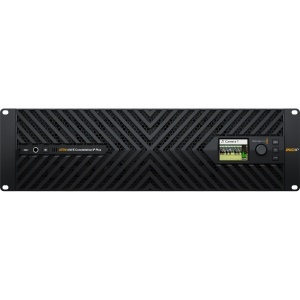 Mixer video live production profesional Blackmagic Design ATEM 4 M/E Constellation IP Plus vizualizat din spate cu cele 16 conexiuni QSFP28 100G si intrari duale de alimentare IEC C14