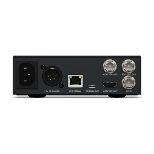 Procesor live streaming Blackmagic Streaming Encoder 4K cu ecran LCD central, buton rotativ de control, intrari si iesiri profesionale 12G-SDI si port USB-C pentru webcam pe panoul din spate.