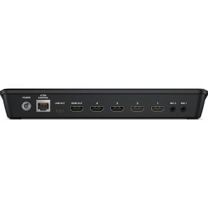 Mixer video Blackmagic Design ATEM Mini Pro ISO, vedere din spate cu porturile de conexiune HDMI, rețea și audio