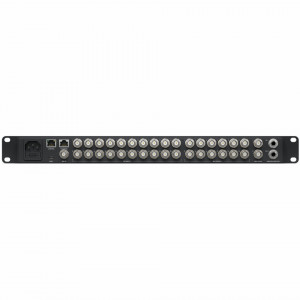 Mixer video profesional Blackmagic Design ATEM 2 M/E Constellation HD panou frontal cu ecran LCD butoane iluminate si panou spate cu conexiuni BNC 3G-SDI