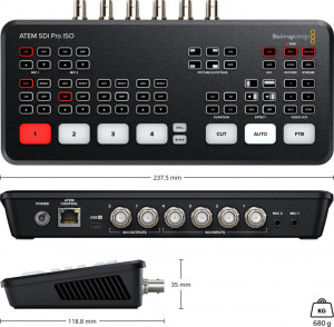 Mixer video live Blackmagic Design ATEM SDI Pro ISO cu 4 intrari si 3 iesiri SDI, port Ethernet si control dedicat pentru streaming si inregistrare