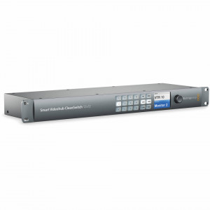 Router video profesional Blackmagic Design Smart Videohub CleanSwitch 12x12 cu panou frontal metalic, butoane de control iluminate, ecran LCD color si knob rotativ pentru distributie video 6G-SDI