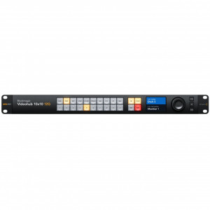 Router video Blackmagic Videohub 10x10 12G cu panou de control frontal display LCD color butoane si spin knob electronic