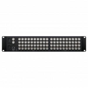 Matrice video Blackmagic Videohub 40x40 12G panou frontal cu ecran LCD de 5 inch si spatele cu 80 de conectori BNC 12G-SDI si alimentare duala redundanta