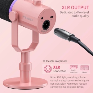 Feelworld PM1-XS-P Roz, Microfon Dinamic Cardioid, RGB, XLR si USB-C