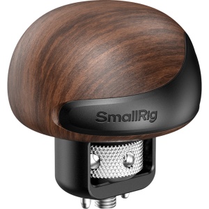 Mâner lateral SmallRig 5926 Mini Wooden Side Handle montat pe o cușcă de cameră mirrorless