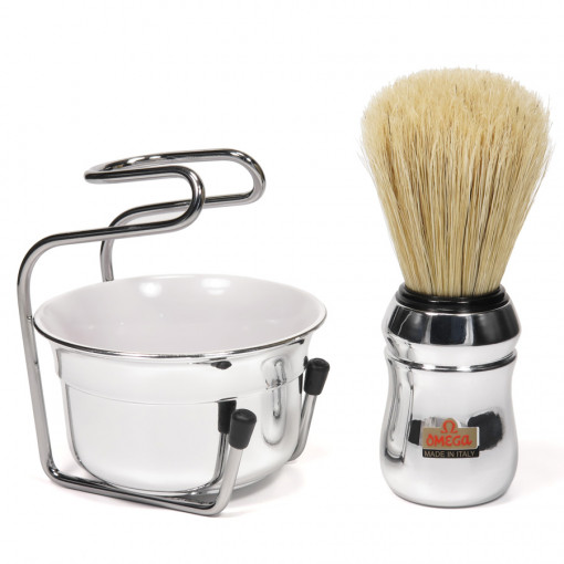 Omega 83.18 Chrome - Pure bristle shaving brush with bowl and stand