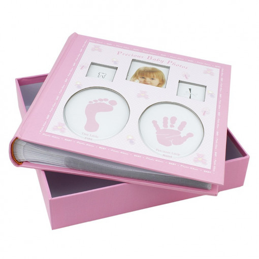 Album foto baby personalizabil, 200 poze, 10x15, amprente bebelus, cutie culoare roz