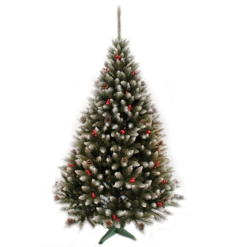 Brad artificial de craciun, varfuri cu aspect nins, conuri si merisoare, inaltime 220 cm, suport