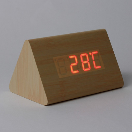 Ceas led digital de birou, senzor sunet, data, temperatura, 3 grupe alarma, lemn culoare maro