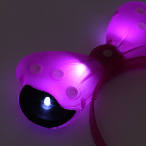 Cordeluta minnie mouse cu led, urechi si fundita luminoasa culoare roz