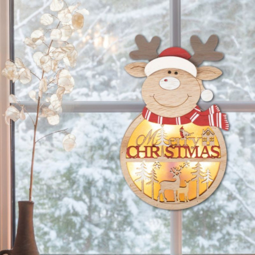 Decoratiune ren, lemn iluminat led, temporizator, inaltime 21 cm, fixare fereastra sau usa