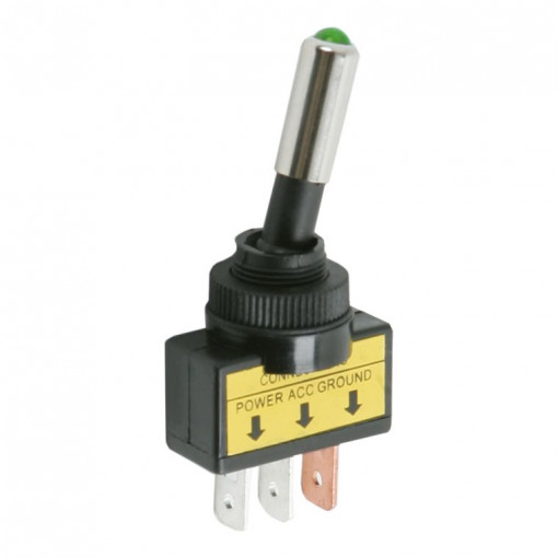 Intretupator cu 2 pozitii OFF-ON, 1 circuit, iluminat cu bec verde de 12 V, negru 20A-12VDC