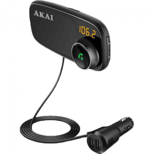 Modulator FM Akai FMT-16BT, Bluetooth, USB, Micro SD card reader, functie incarcator telefon, suport magnetic pentru telefon, afisaj LED