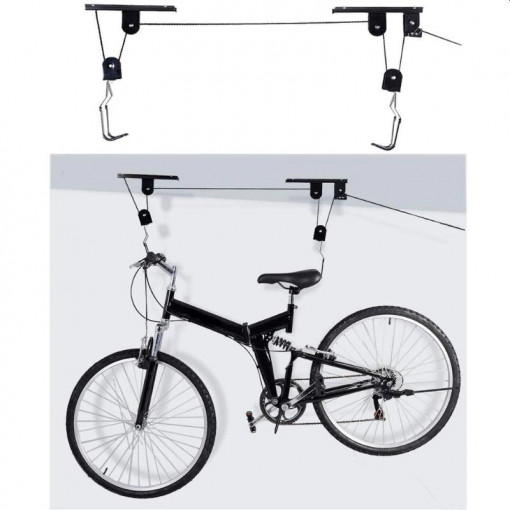 Suport bicicleta cu scripete, fixare tavan, otel, capacitate 20 kg, negru