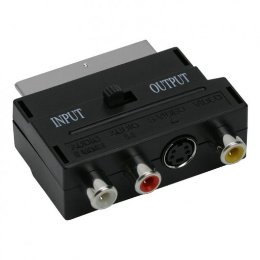 Adaptor video, mufa scart 21 poli, 3 prize rca, priza svhs, comutator, home