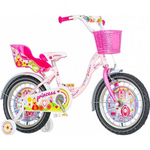 Bicicleta 16 inch, cos si scaun papusi, roti ajutatoare, princess roz