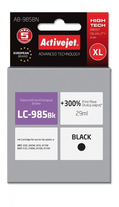 Cartus compatibil lc 985bk xl black pentru brother, premium activejet, garantie 5 ani