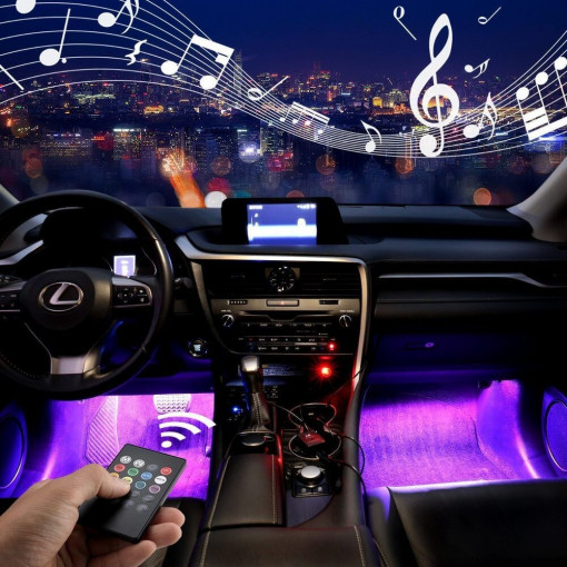 Lumina led rgb interior auto, senzor sunet, 4 benzi autoadezive, 12 v, telecomanda ir