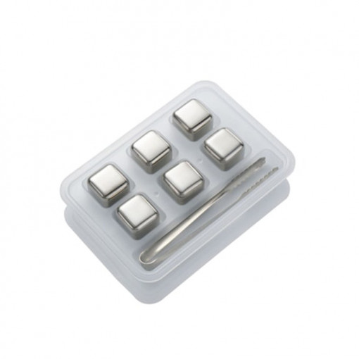 Set 6 cuburi de gheata din inox, cleste, cutie depozitare, diametru 26 cm