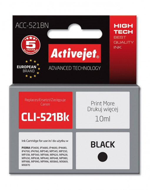 Cartus compatibil cli-521 black pentru canon, 10 ml, premium activejet, garantie 5 ani